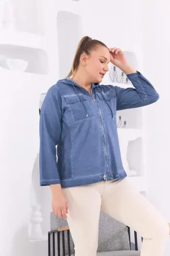 Zipper Detail Hooded Plus Size Indigo Washed Jacket - BÜYÜKBEDENIZ (1)