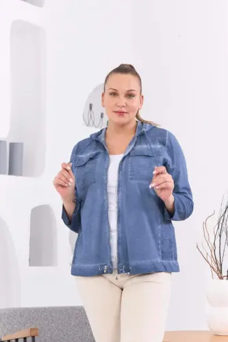 Zipper Detail Hooded Plus Size Indigo Washed Jacket - 3