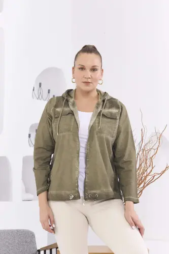 Zipper Detail Hooded Plus Size Khaki Wash Jacket - 1