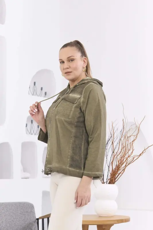 Zipper Detail Hooded Plus Size Khaki Wash Jacket - 2