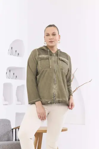 Zipper Detail Hooded Plus Size Khaki Wash Jacket - 3
