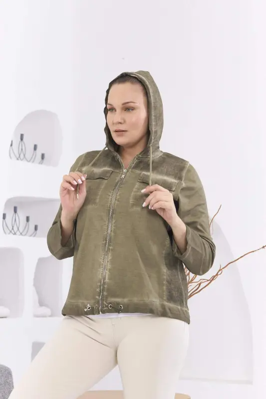 Zipper Detail Hooded Plus Size Khaki Wash Jacket - 4