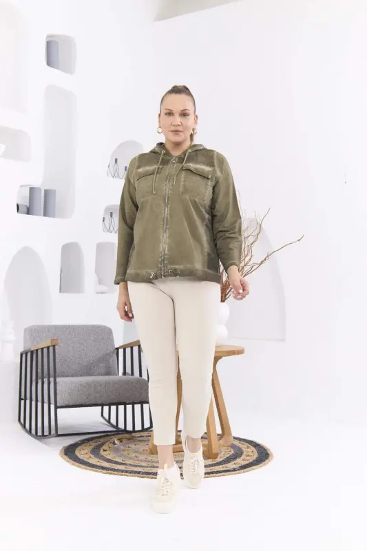 Zipper Detail Hooded Plus Size Khaki Wash Jacket - 5