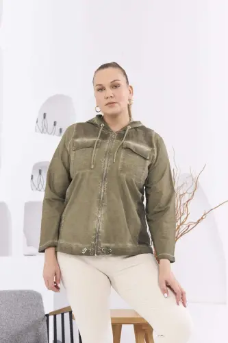 Zipper Detail Hooded Plus Size Khaki Wash Jacket - 6