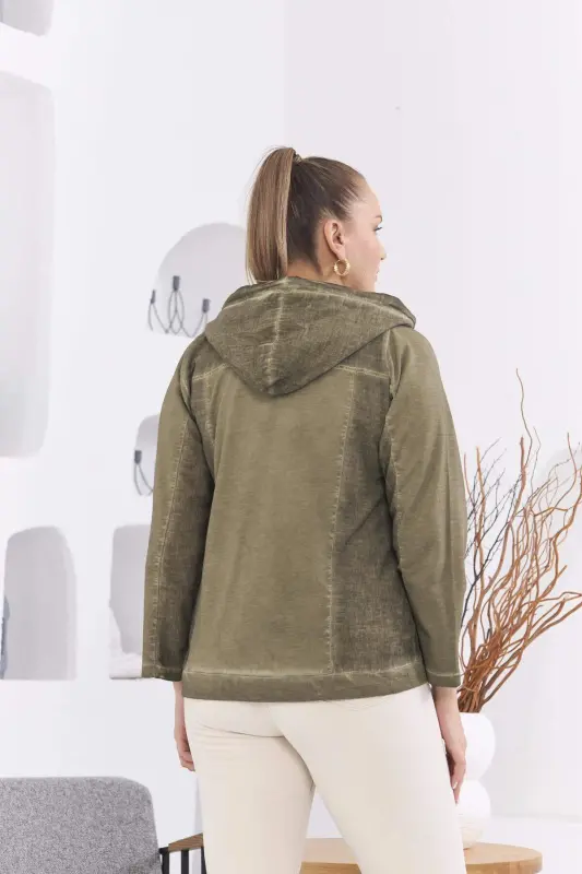 Zipper Detail Hooded Plus Size Khaki Wash Jacket - 7