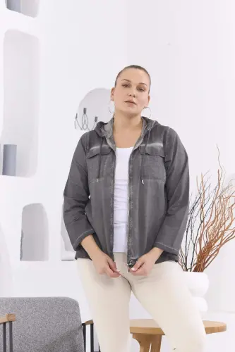 Zipper Detail Hooded Plus Size Smoked Wash Jacket - 1