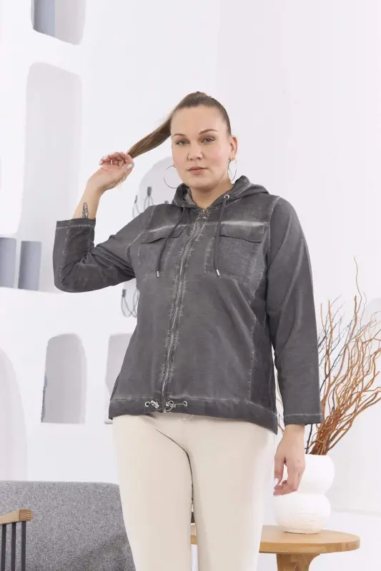 Zipper Detail Hooded Plus Size Smoked Wash Jacket - 2