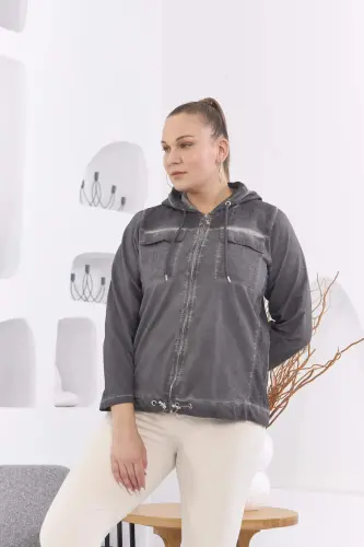 Zipper Detail Hooded Plus Size Smoked Wash Jacket - 3