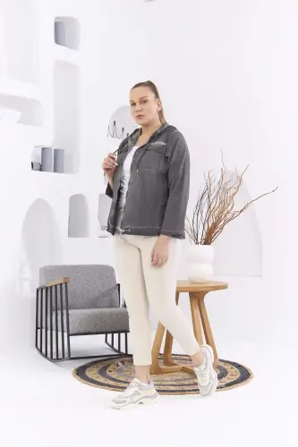 Zipper Detail Hooded Plus Size Smoked Wash Jacket - 4