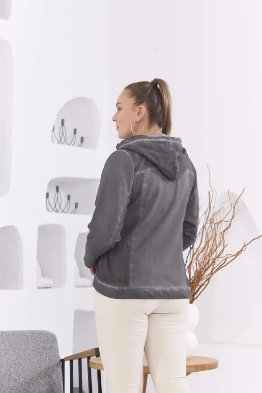 Zipper Detail Hooded Plus Size Smoked Wash Jacket - 5