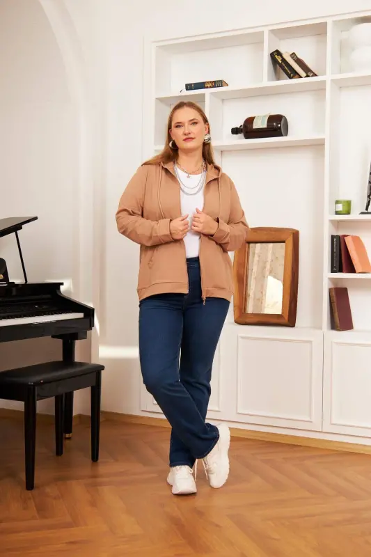 Zipper Detail Plus Size Mink Sweatshirt - 3