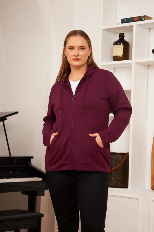 Zipper Detail Plus Size Sweatshirt - Mauve - BÜYÜKBEDENIZ