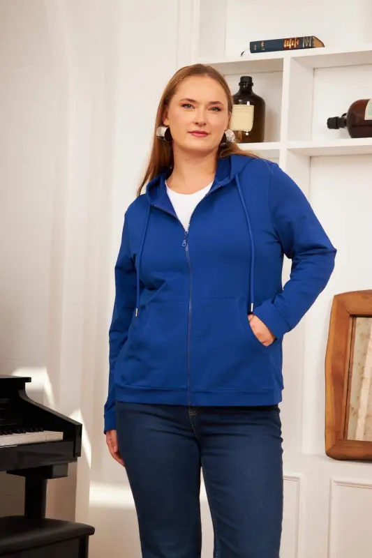Zipper Detail Plus Size Tracksuit Top Sax - BÜYÜKBEDENIZ