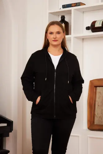 Zipper Detailed Plus Size Black Sweatshirt - 1