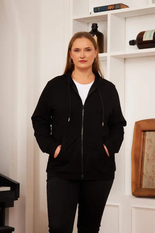 Zipper Detailed Plus Size Black Sweatshirt - 1