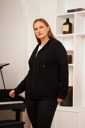 Zipper Detailed Plus Size Black Sweatshirt - BÜYÜKBEDENIZ (1)