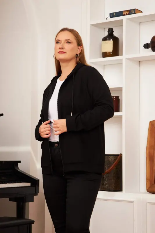 Zipper Detailed Plus Size Black Sweatshirt - 3