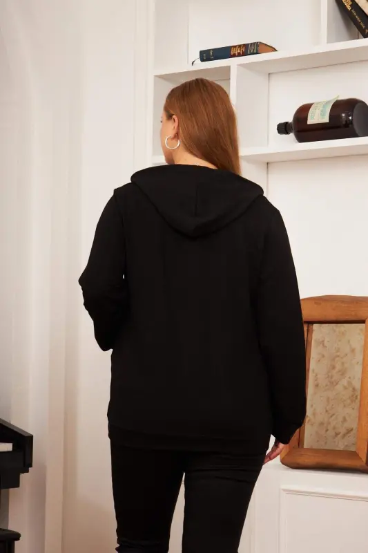 Zipper Detailed Plus Size Black Sweatshirt - 4