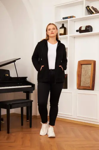 Zipper Detailed Plus Size Black Sweatshirt - 5