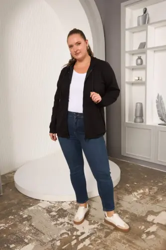 Zipper Detailed Plus Size Black Sweatshirt - 5
