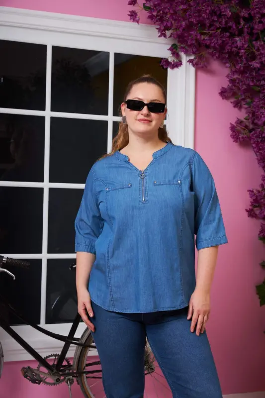 Zipper Detailed Plus Size Kim Blue Blouse - BÜYÜKBEDENIZ