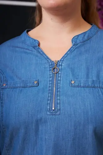 Zipper Detailed Plus Size Kim Blue Blouse - 9