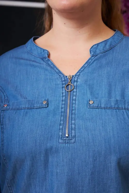 Zipper Detailed Plus Size Kim Blue Blouse - 9