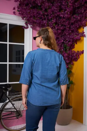 Zipper Detailed Plus Size Kim Blue Blouse - 4