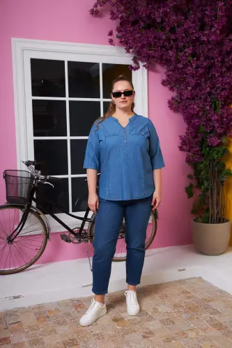 Zipper Detailed Plus Size Kim Blue Blouse - 5