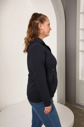 Zipper Detailed Plus Size Navy Blue Sweatshirt - 2