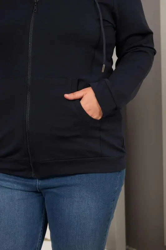 Zipper Detailed Plus Size Navy Blue Sweatshirt - 3