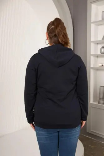 Zipper Detailed Plus Size Navy Blue Sweatshirt - 4