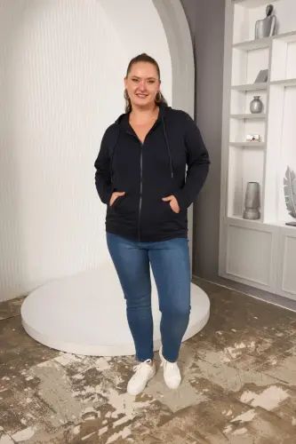 Zipper Detailed Plus Size Navy Blue Sweatshirt - 5
