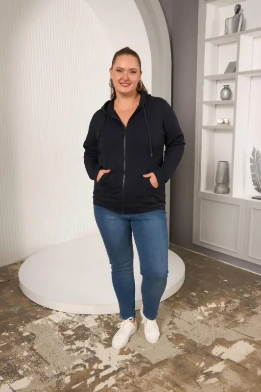 Zipper Detailed Plus Size Navy Blue Sweatshirt - 5