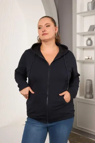 Zipper Detailed Plus Size Navy Blue Sweatshirt - 1