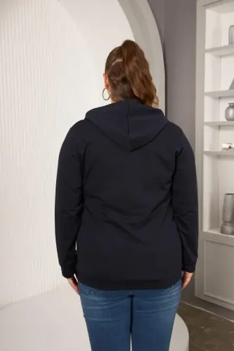 Zipper Detailed Plus Size Oversized Navy Sweatshirt - 5