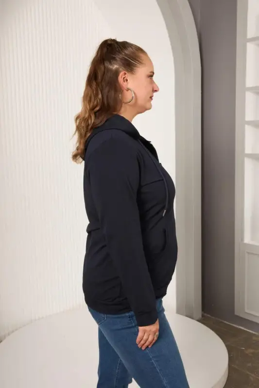 Zipper Detailed Plus Size Oversized Navy Sweatshirt - 2