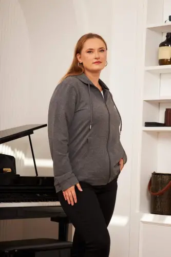 Zipper Detailed Plus Size Smoked Gray Sweatshirt - 3