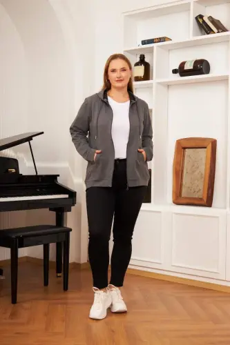 Zipper Detailed Plus Size Smoked Gray Sweatshirt - 5