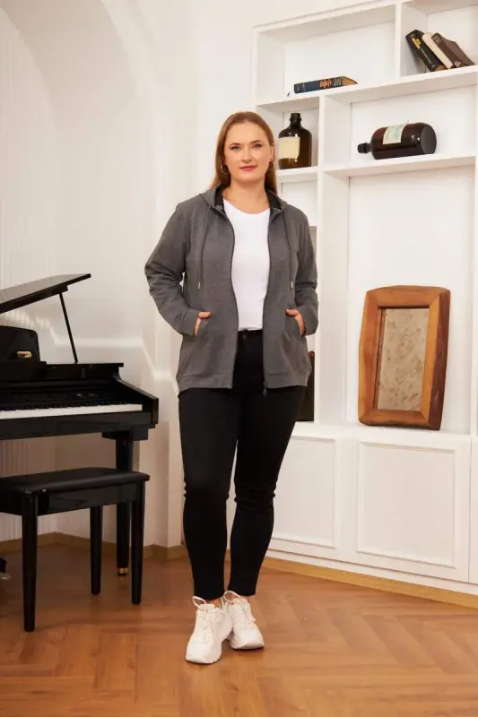 Zipper Detailed Plus Size Smoked Gray Sweatshirt - 5