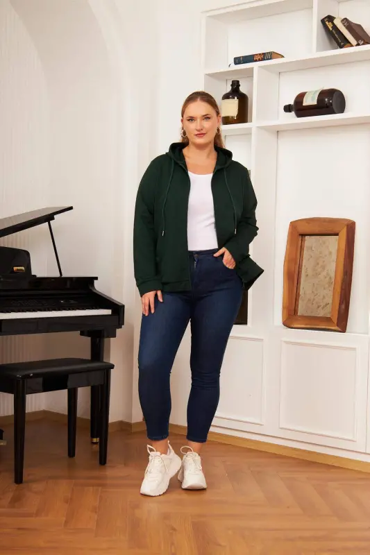 Zipper Detailed Plus Size Sweatshirt Emerald - 6