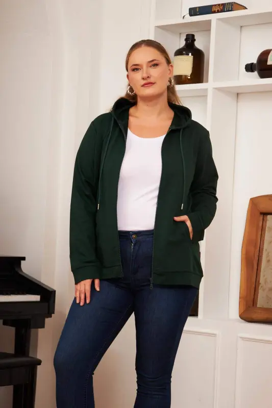 Zipper Detailed Plus Size Sweatshirt Emerald - BÜYÜKBEDENIZ