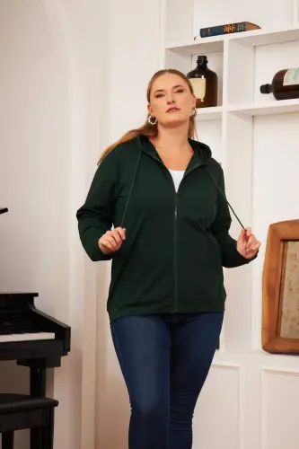 Zipper Detailed Plus Size Sweatshirt Emerald - BÜYÜKBEDENIZ (1)