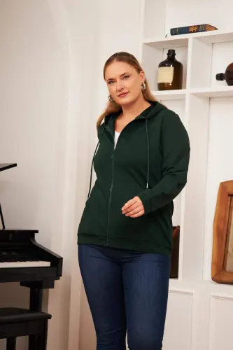 Zipper Detailed Plus Size Sweatshirt Emerald - 3