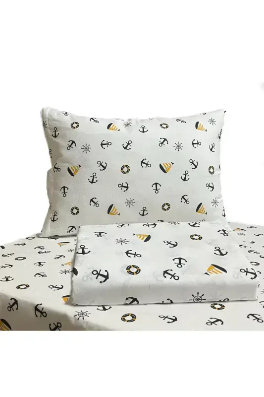Zippered Baby Duvet Cover Set-White Base Yellow Anchor - Y YAĞIZ HOME COLLECTION