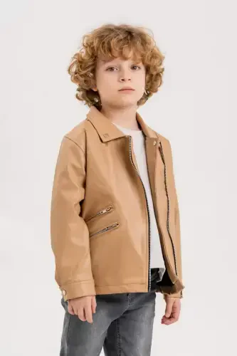 Zippered Boy's Leather Jacket-Beige - 1