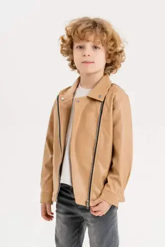 Zippered Boy's Leather Jacket-Beige - GOLD CLASS KIDSWEAR (1)