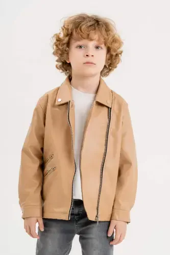 Zippered Boy's Leather Jacket-Beige - 3