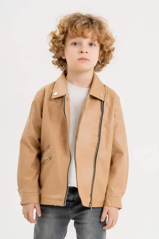Zippered Boy's Leather Jacket-Beige - 3