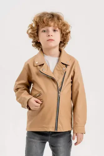 Zippered Boy's Leather Jacket-Beige - 4